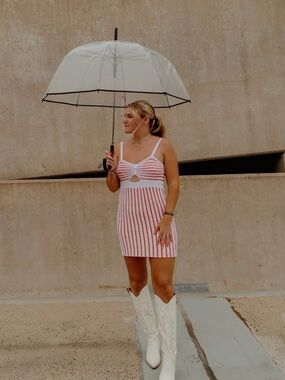 White and Orange Striped Knit Midi Dress